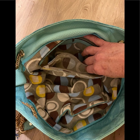 Turquoise Jean bag w/chain detailing and removable Jean rosette - Picture 6 of 7